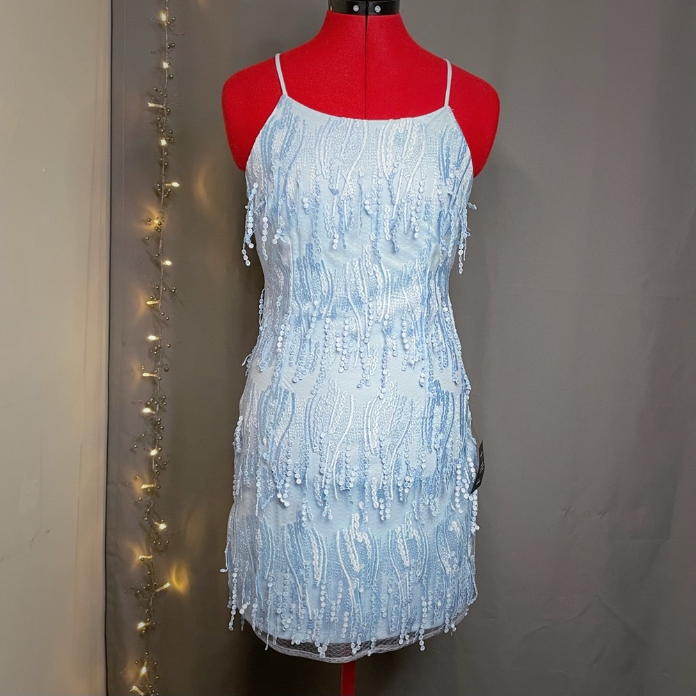 Lulus Making Magic Light Blue Fringe Lace-Up Mini Dress